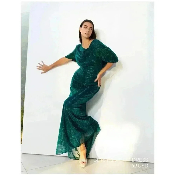 Betsy & Adam Women's Green Cowlneck Cape-Back Foil Gown Formal Dress sz 10 - Picture 11 of 11